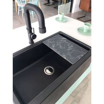 Chiuveta bucatarie granit reversibila Farmhouse Apron Neagra / Black Metal Quartz + accesorii montaj, 838x520x240 mm, cod 6049